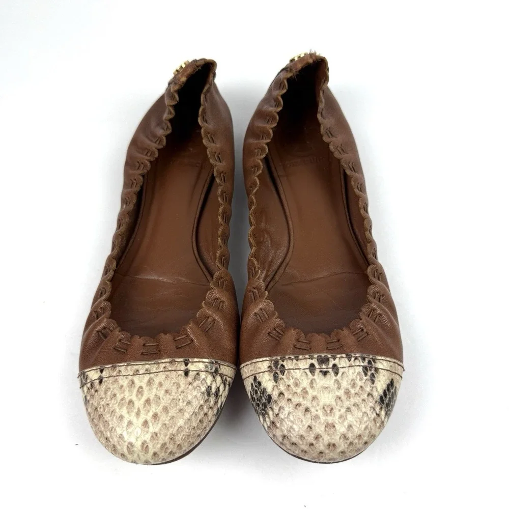 Tory Burch Abbey Flats 6.5 Brown Snakeskin Cap Toe Leather Slip On Gold Logo